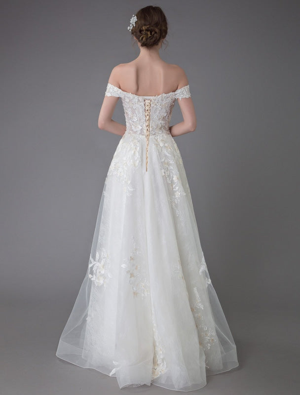Summer Wedding Dresses Off The Shoulder Lace Champagne Applique Beaded Maxi Beach Bridal Gowns