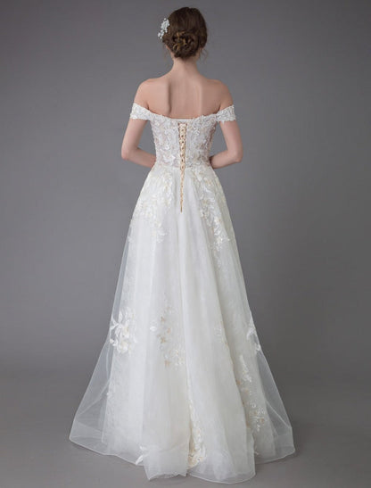 Summer Wedding Dresses Off The Shoulder Lace Champagne Applique Beaded Maxi Beach Bridal Gowns