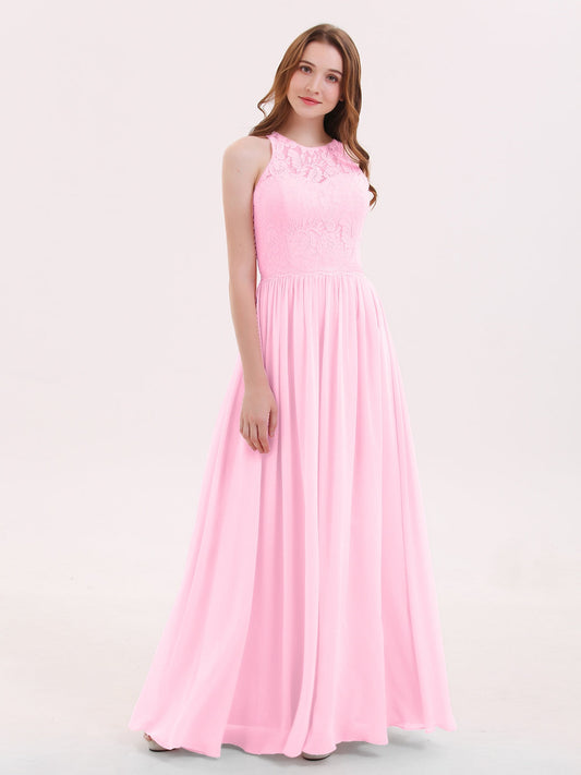 Long Lace Dress with Illusion Sweetheart Neck-Candy Pink