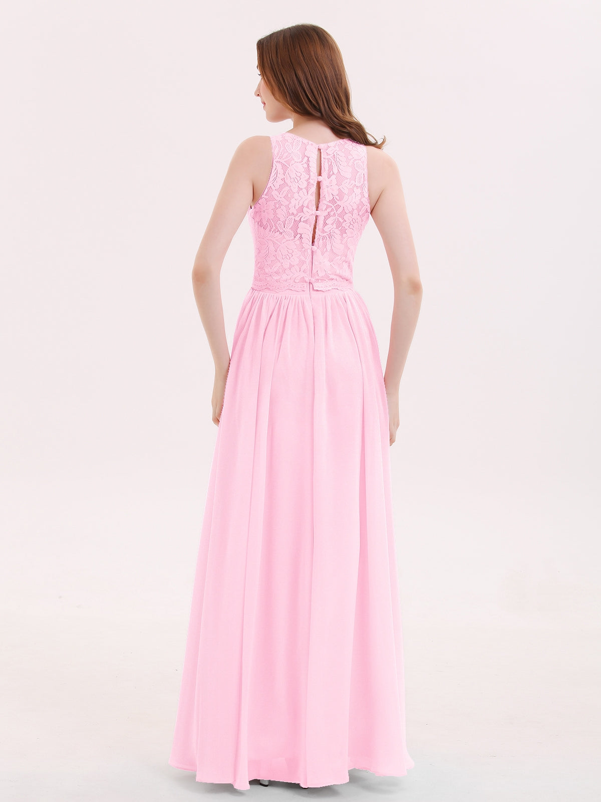 Long Lace Dress with Illusion Sweetheart Neck-Candy Pink