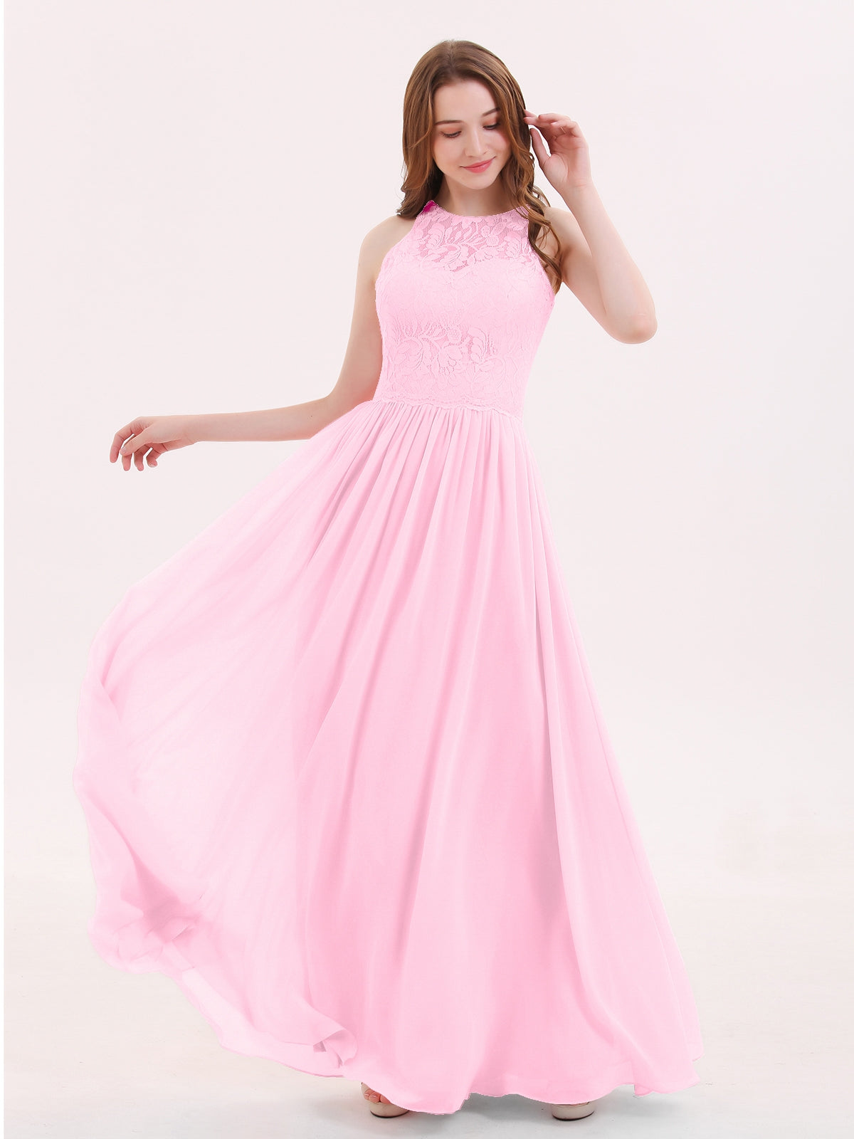 Long Lace Dress with Illusion Sweetheart Neck-Candy Pink