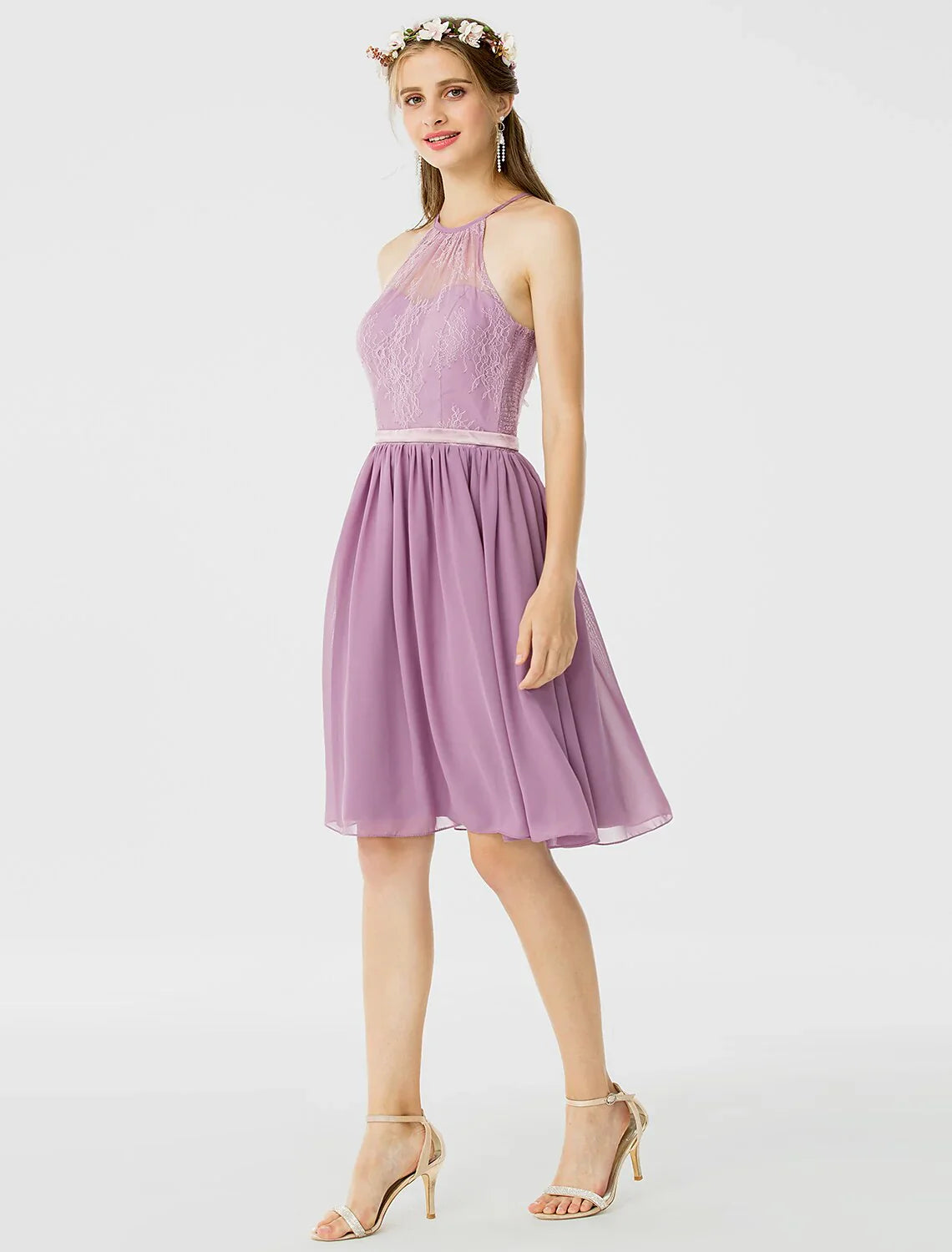 DingjiA-Line / Princess Halter Neck Knee Length Chiffon / Corded Lace Bridesmaid Dress with Sash / Ribbon / Pleats