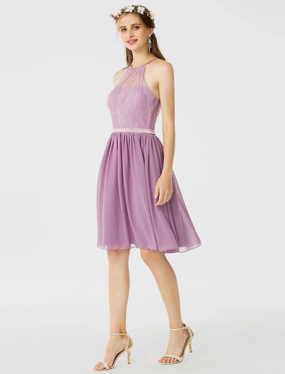 DingjiA-Line / Princess Halter Neck Knee Length Chiffon / Corded Lace Bridesmaid Dress with Sash / Ribbon / Pleats