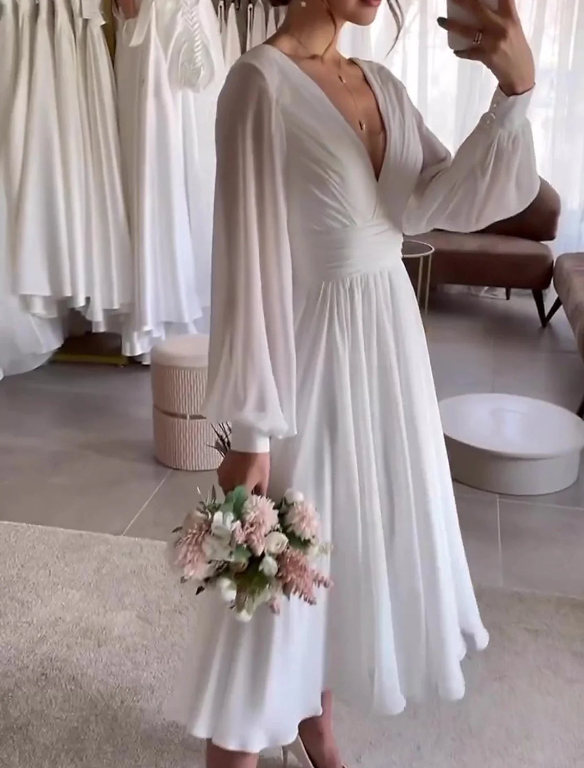 Aimishang Bridal Shower Simple Wedding Dresses Glitter & Sparkle Wedding Dresses Ball Gown Off Shoulder Sleeveless Knee Length Satin Bridal Gowns With Pleats Appliques