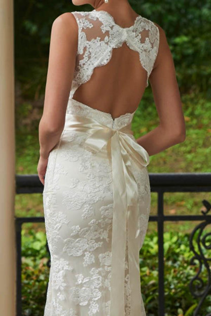 V-Neck White Lace Backless Wedding Bridal Dress