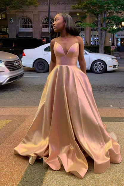 Sweet Spaghetti Strap Ball Gown Prom Dresses Satin Aline Evening Dress