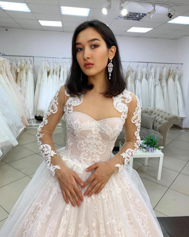 Sweetheart Lace Wedding Dress with Long Sleeves Tulle Appliques A Line Bridal Gown