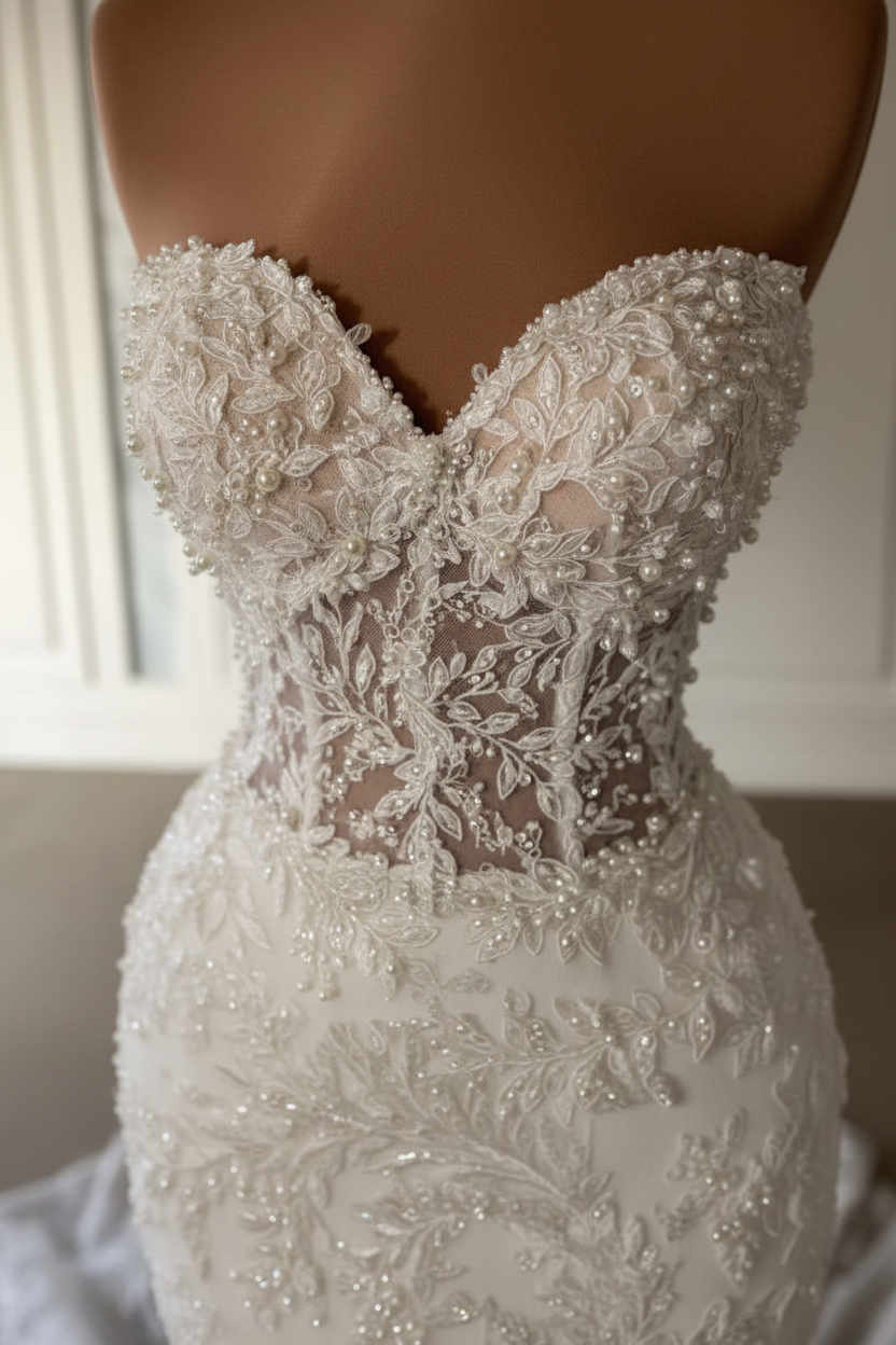 Charming Strapless Mermaid Lace Wedding Dress with Appliques