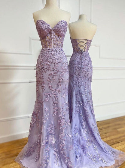 Sweetheart Mermaid Lace Prom Dresses Sleeveless Purple Formal Dresses