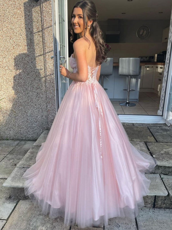 Sweetheart Open Back Pink Lace Long Prom Dresses Tulle Aline Formal Evening Dresses