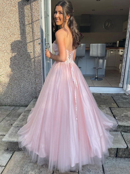 Sweetheart Open Back Pink Lace Long Prom Dresses Tulle Aline Formal Evening Dresses