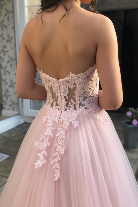 Sweetheart Open Back Pink Lace Long Prom Dresses Tulle Aline Formal Evening Dresses