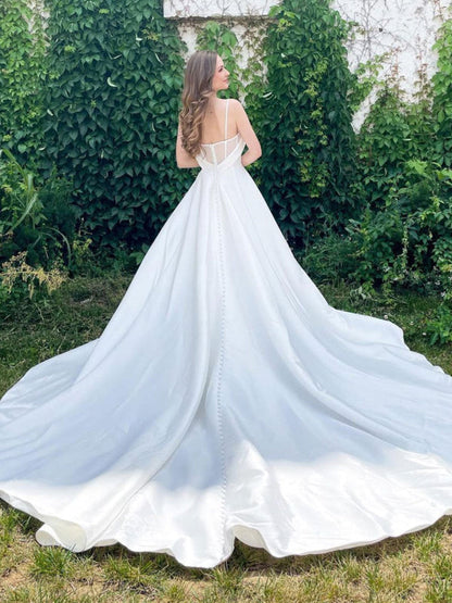 Sweetheart Open Back White Aline Wedding Dresses with Train
