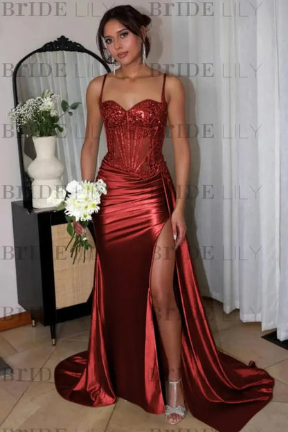 Sweetheart Ruched Satin Beadings Mermaid Prom Dress with Side Slit