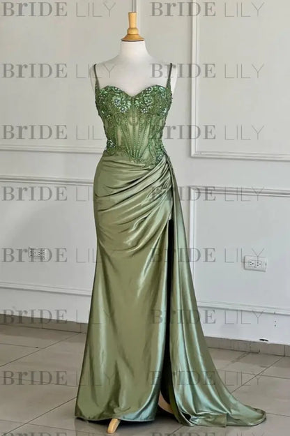 Sweetheart Ruched Satin Beadings Mermaid Prom Dress with Side Slit