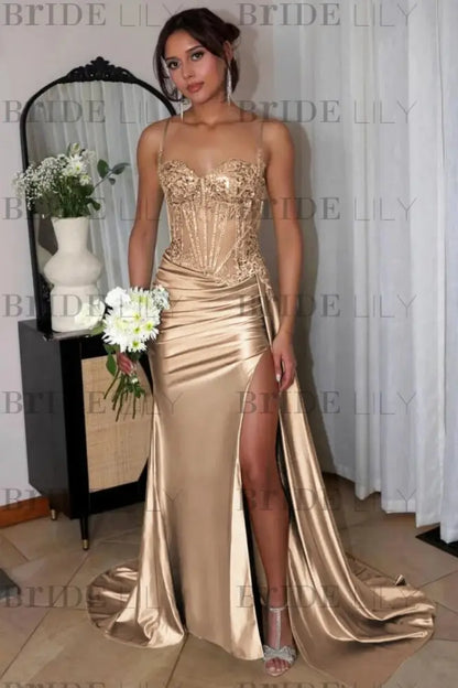 Sweetheart Ruched Satin Beadings Mermaid Prom Dress with Side Slit
