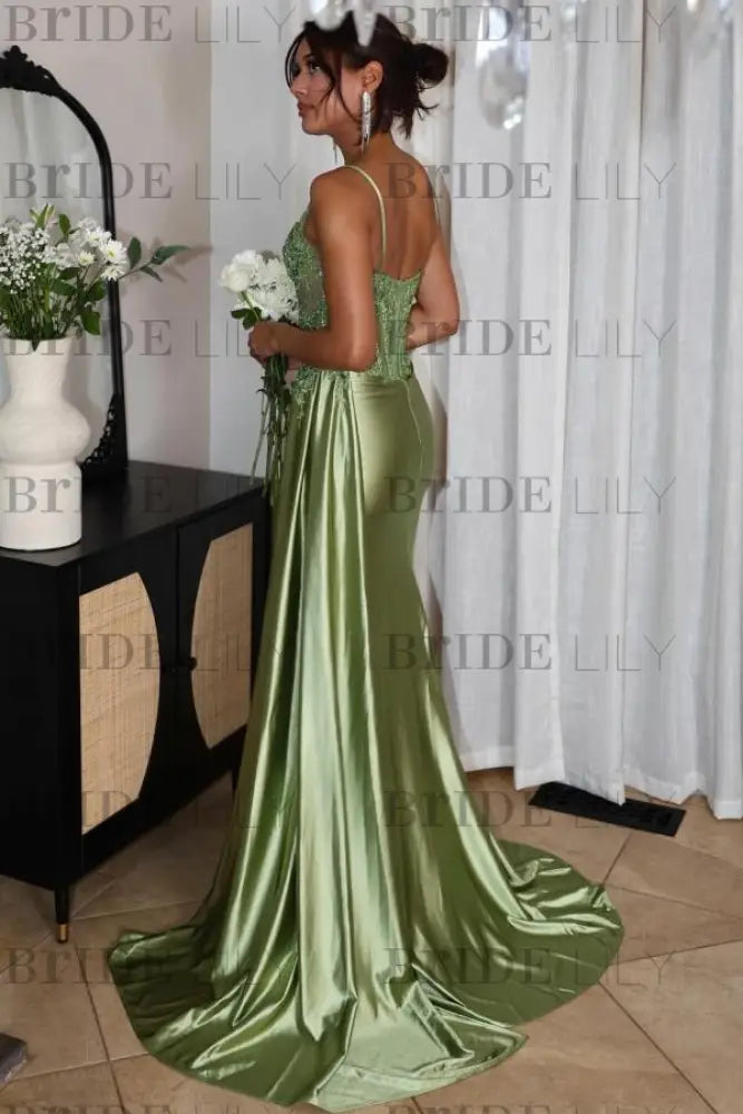 Sweetheart Ruched Satin Beadings Mermaid Prom Dress with Side Slit