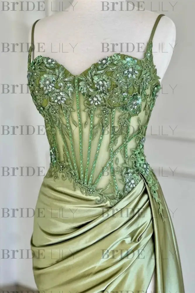 Sweetheart Ruched Satin Beadings Mermaid Prom Dress with Side Slit