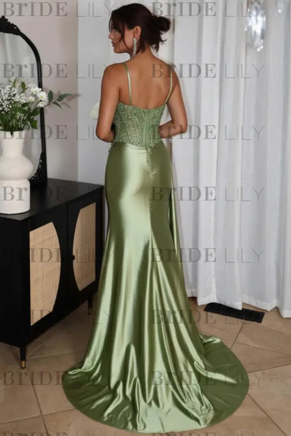 Sweetheart Ruched Satin Beadings Mermaid Prom Dress with Side Slit