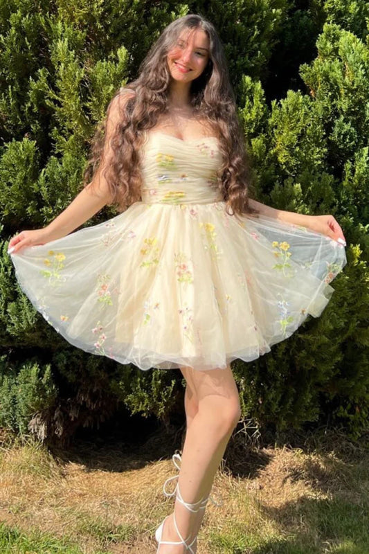 Sweetheart Short Floral Party Dress Backless Homecoming Dress
