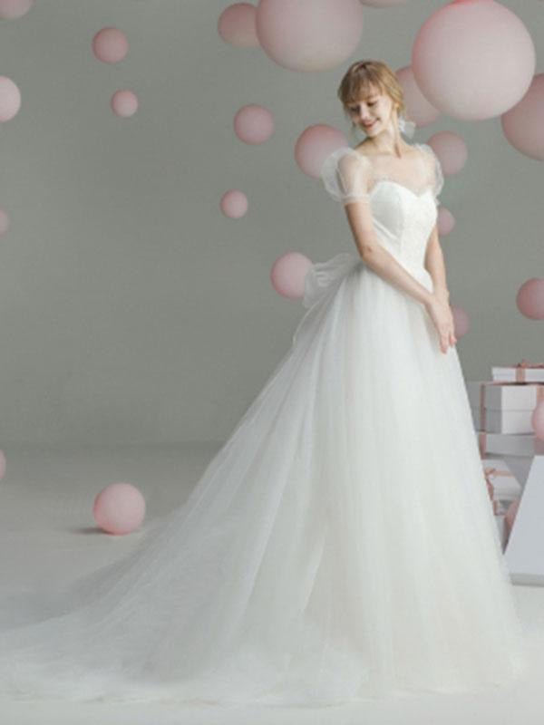 Sweetheart Short Sleeves Chapel Train Princess Bridal Dresses