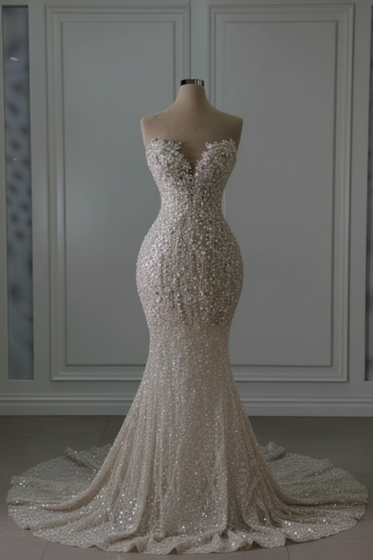 Sweetheart Sleeveless Beaded Lace Mermaid Wedding Dress