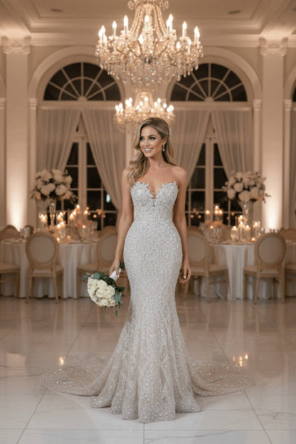 Sweetheart Sleeveless Beaded Lace Mermaid Wedding Dress