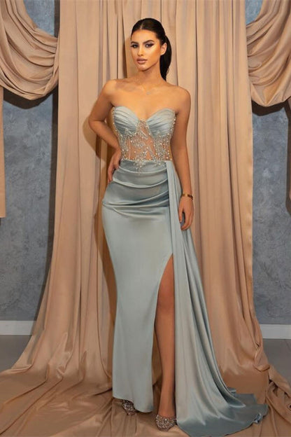 Sweetheart Sleeveless Long Beads Slit Prom Dress With Ruffles Light Blue