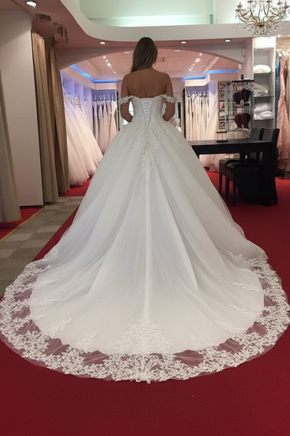 Off-the-Shoulder Princess Wedding Dress Applique Tulle Bridal Dresses Sleeveless