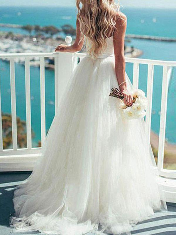 Sweetheart Wedding Dress Ball Gown Sleeveless Sash Tulle Bridal Dresses