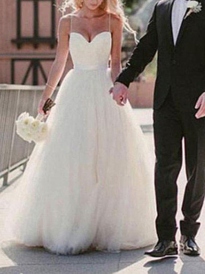 Sweetheart Wedding Dress Ball Gown Sleeveless Sash Tulle Bridal Dresses
