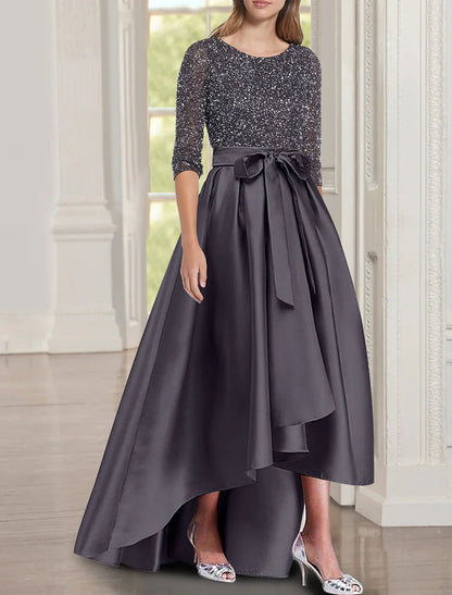 Aimishang A-Line Mother of the Bride Dress Wedding Guest Elegant Scoop Neck Asymmetrical Satin Half Sleeve with Bow(s) Sequin Ruching