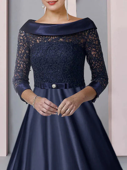 DingjiA-Line Mother of the Bride Dress Formal Wedding Guest Party Elegant Scoop Neck Tea Length Satin Lace 3/4 Length Sleeve with Bow(s) Pleats Appliques
