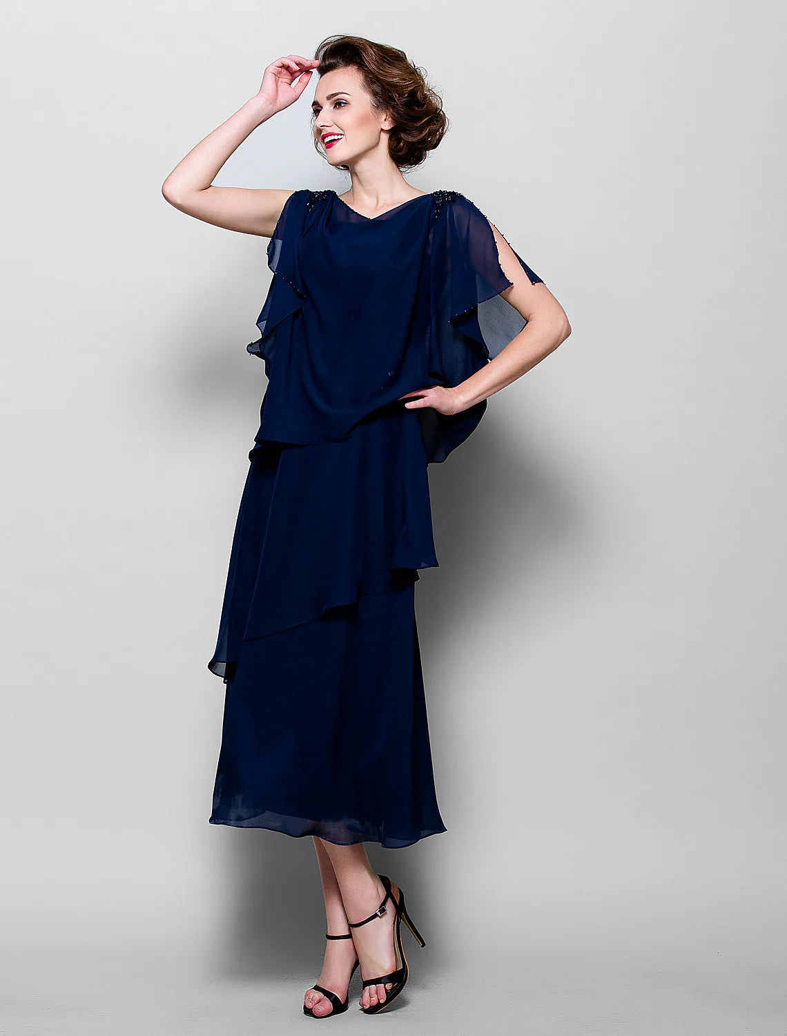 Aimishang  A-Line Mother of the Bride Dress Plus Size Elegant Cowl Neck Tea Length Chiffon Short Sleeve with Ruffles Crystal Brooch