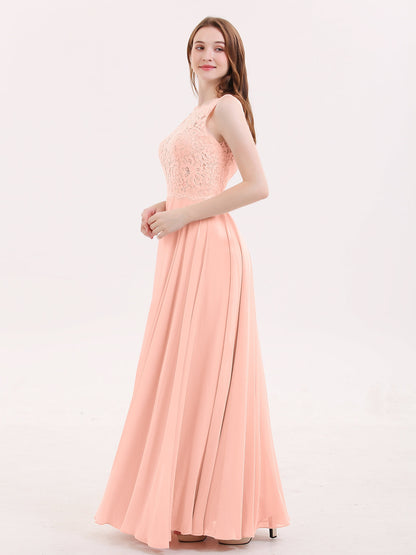 Lace Bodice Chiffon Skirt Long Dress-Coral