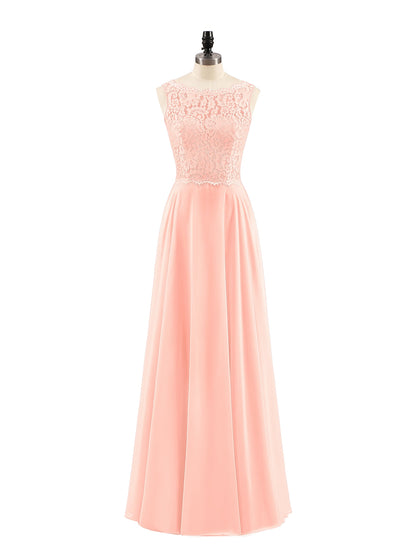 Lace Bodice Chiffon Skirt Long Dress-Coral