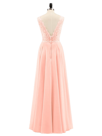 Lace Bodice Chiffon Skirt Long Dress-Coral