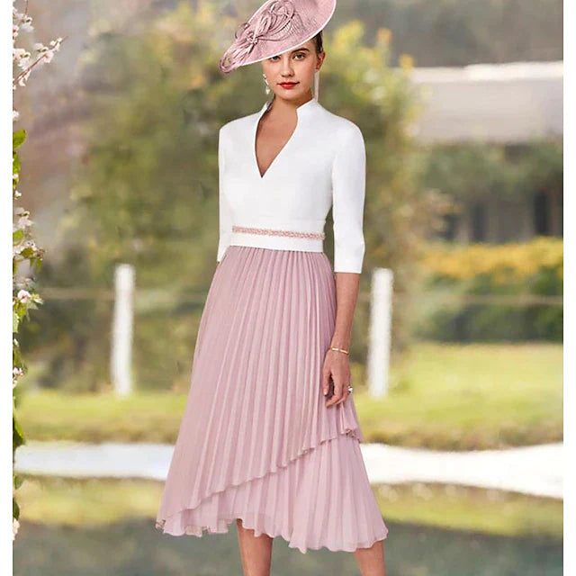 A-Line Mother of the Bride Dress Elegant High Low V Neck Asymmetrical Tea Length Chiffon Satin Short Sleeve with Sash / Ribbon Pleats Color Block