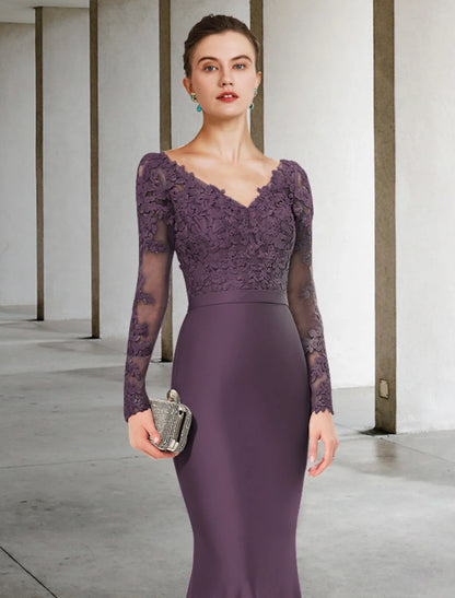 Aimishang  Mermaid / Trumpet Mother of the Bride Dress Elegant V Neck Sweep / Brush Train Chiffon Lace Long Sleeve with Appliques
