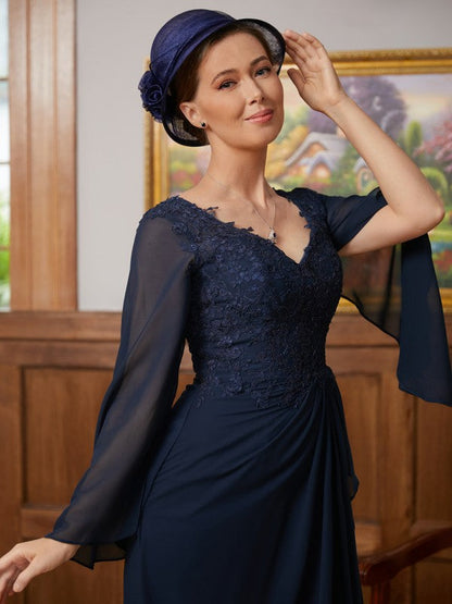 Aimishang A-Line/Princess Chiffon Applique V-neck Long Sleeves Floor-Length Mother of the Bride Dresses