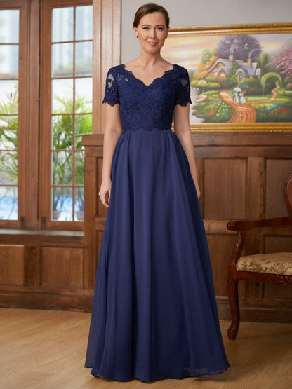 Aimishang A-Line/Princess Chiffon Lace V-neck Short Sleeves Floor-Length Mother of the Bride Dresses