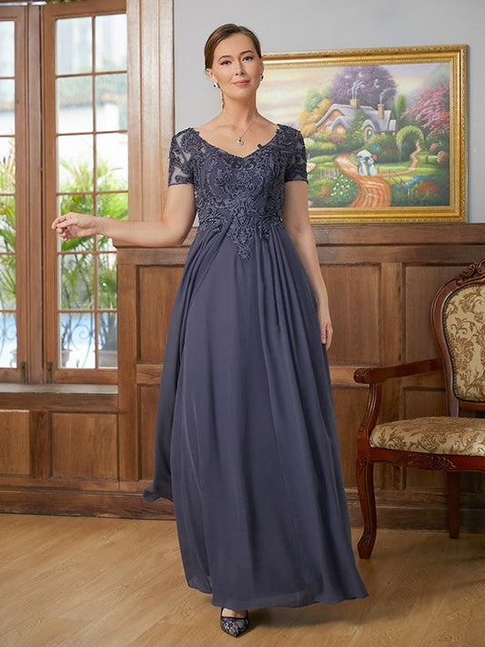 Aimishang A-Line/Princess Chiffon Applique V-neck Short Sleeves Floor-Length Mother of the Bride Dresses