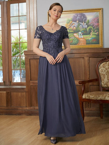 Aimishang A-Line/Princess Chiffon Applique V-neck Short Sleeves Floor-Length Mother of the Bride Dresses