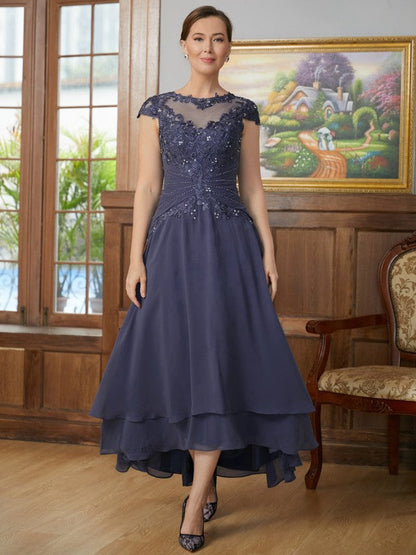 Aimishang A-Line/Princess Chiffon Applique Scoop Short Sleeves Asymmetrical Mother of the Bride Dresses