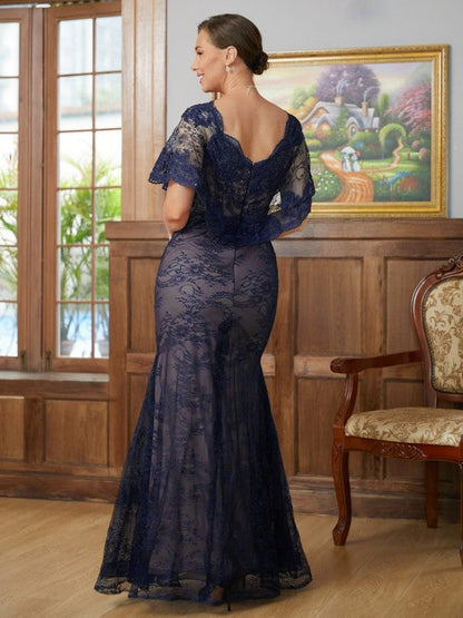 Aimishang Sheath/Column Silk like Satin Lace V-neck Short Sleeves Floor-Length Mother of the Bride Dresses