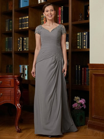 Aimishang A-Line/Princess Chiffon Applique Sweetheart Short Sleeves Floor-Length Mother of the Bride Dresses