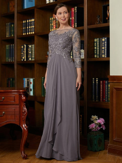 Aimishang A-Line/Princess Chiffon Lace Scoop 3/4 Sleeves Floor-Length Mother of the Bride Dresses