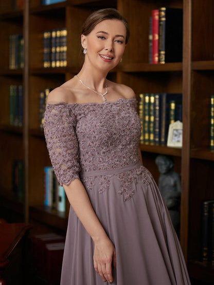 Aimishang A-Line/Princess Chiffon Applique Off-the-Shoulder 3/4 Sleeves Floor-Length Mother of the Bride Dresses