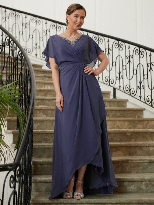 Aimishang A-Line/Princess Chiffon Beading V-neck Short Sleeves Asymmetrical Mother of the Bride Dresses
