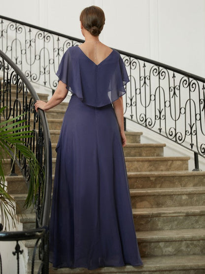 Aimishang A-Line/Princess Chiffon Beading V-neck Short Sleeves Asymmetrical Mother of the Bride Dresses